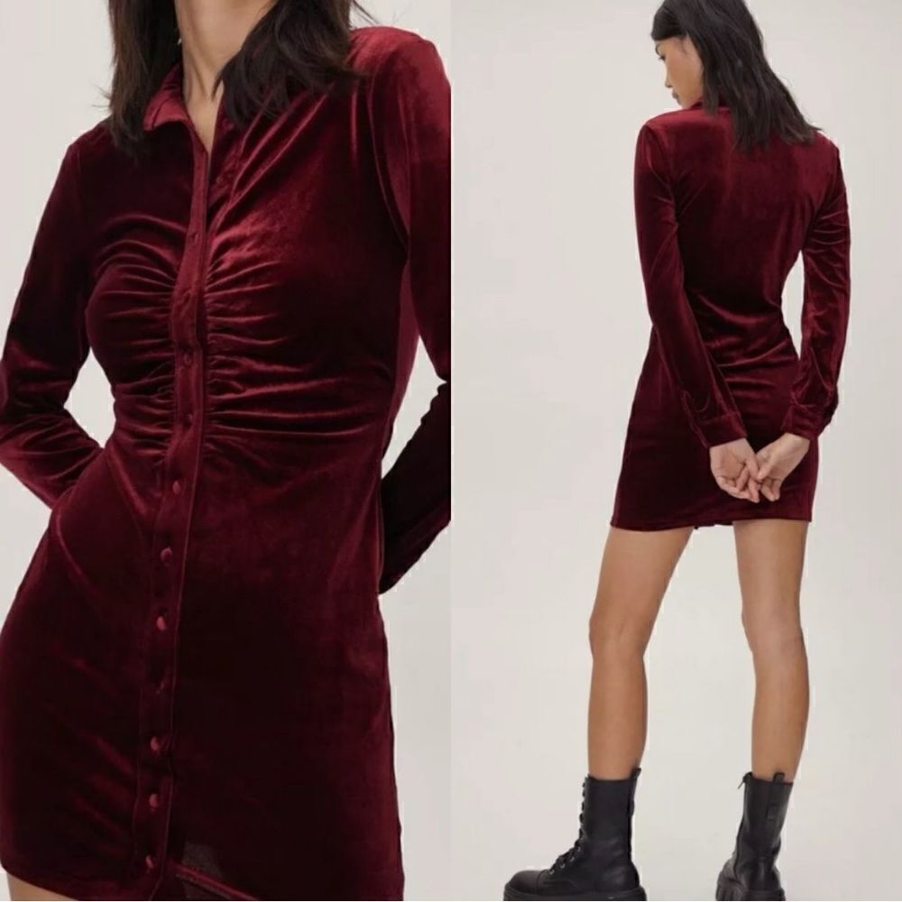 House Of Harlow 1960 Velvet Mini Burgundy Dress Ruched Shirt Size S